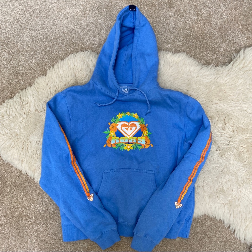 ROXY surfer brand blue Hawaiian flower logo sweatshirt hoodie hooded top